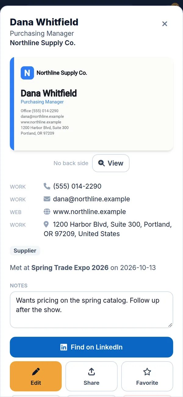 A saved contact with the business card, phone, email, address and notes