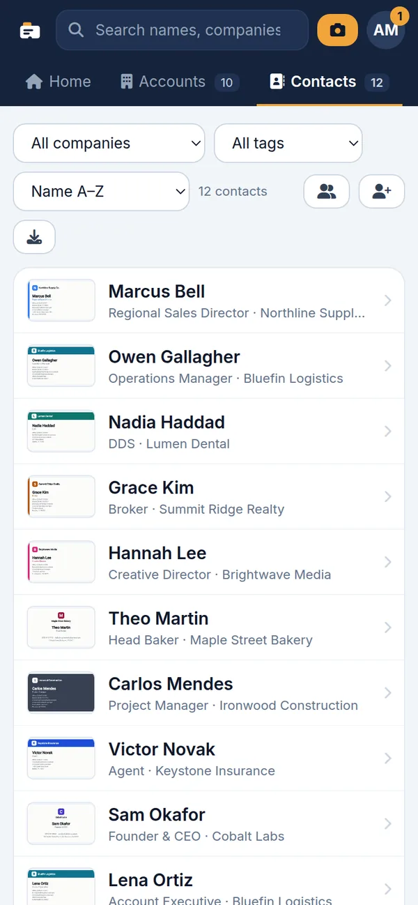 The list of contacts with a small picture of each card